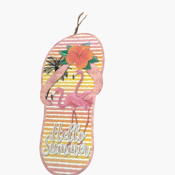 Hello Summer Flip Flop  Sign Tropical Pink Flamingos Luau Beach Patio Pool - Picture 7 of 8